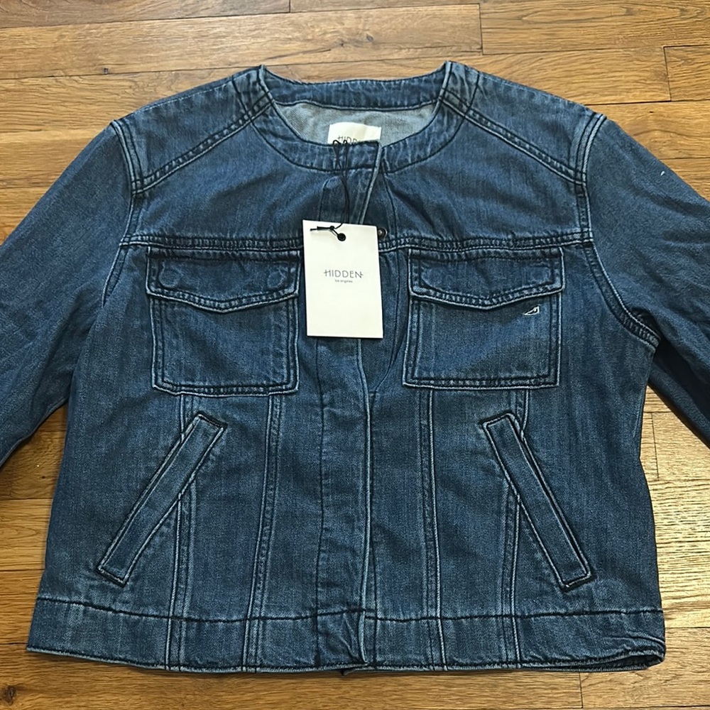 Blue Collarless Denim Jacket with Relaxed Fit